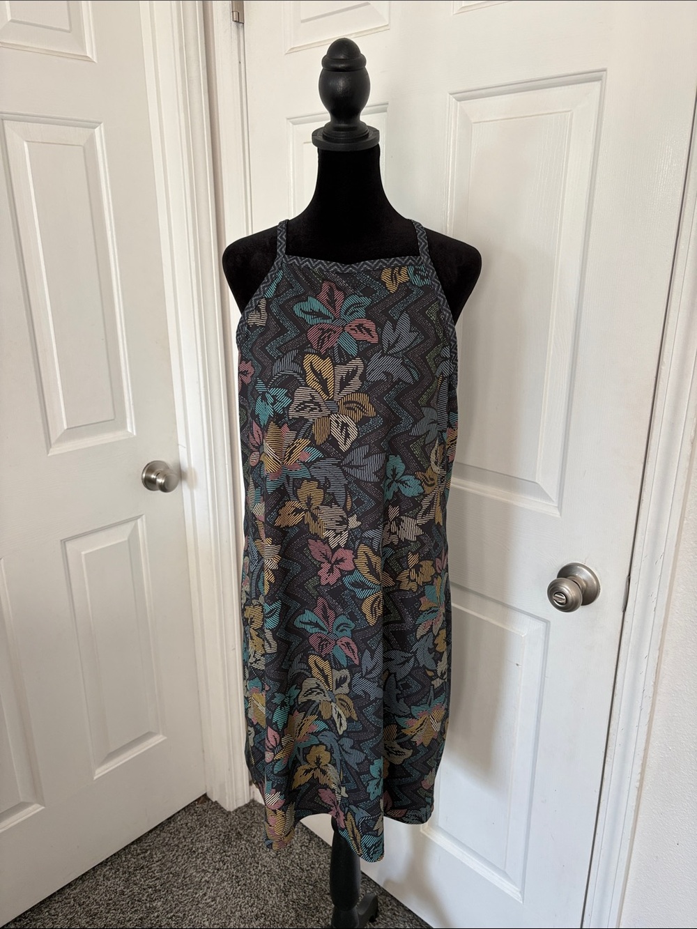 Prana “Ardor” Black Floral Halter Dress with Teal, Mustard & Pink Accents